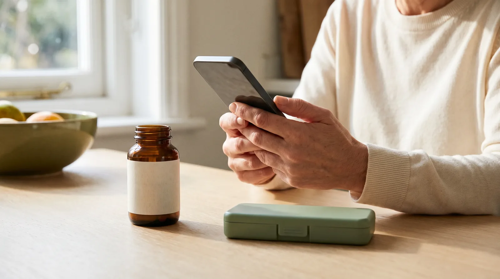 An adult holding a phone beside a pill organiser at a kitchen table.