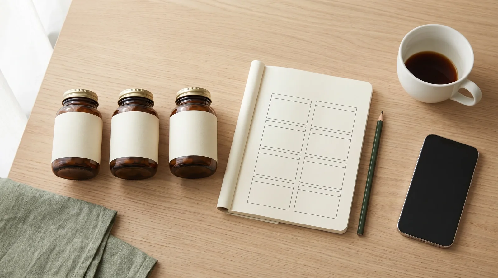 Three supplement bottles beside a blank planning notebook, pencil and phone.