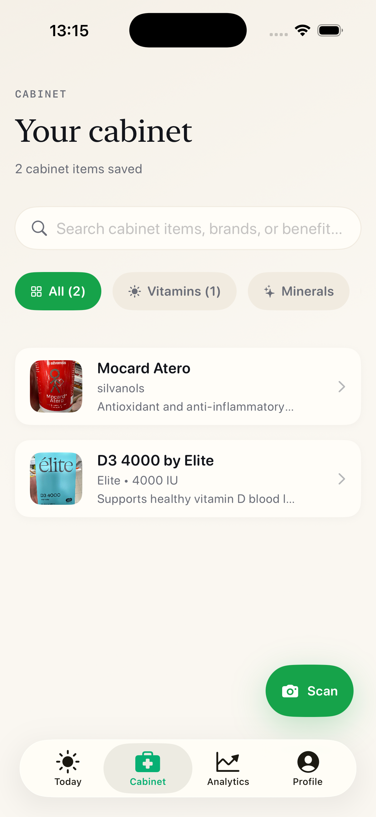 Stack My Med supplement tracker cabinet with searchable product records