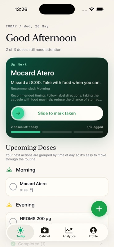 Stack My Med supplement reminder with dose timing and up next card