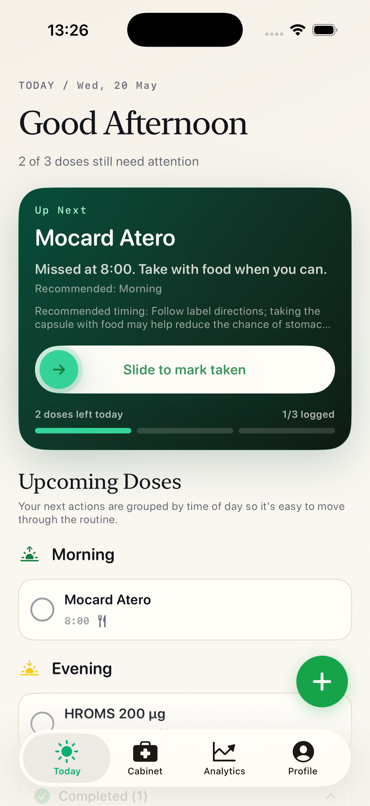 Stack My Med supplement reminder with dose timing and up next card